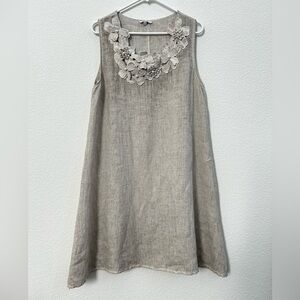 Rosemarine Linen Dress Womens L Floral Appliqué Sleeveless ScoopNeck GrayTanREAD